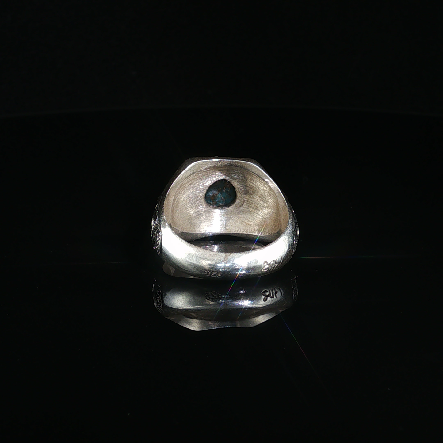 Engraved Silver Signet Ring with Pear-Shaped Neshabour Turquoise