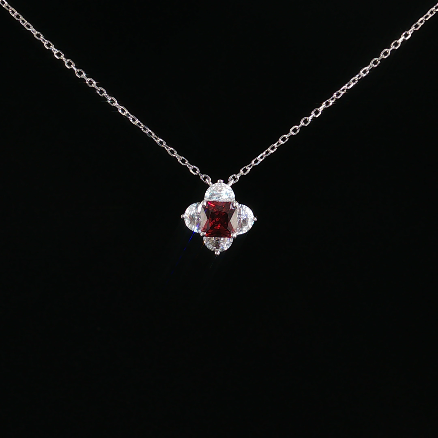 Garnet Clover Pendant Necklace in Sterling Silver