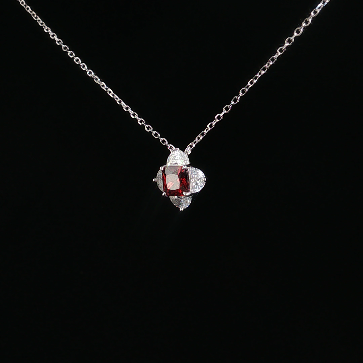 Garnet Clover Pendant Necklace in Sterling Silver