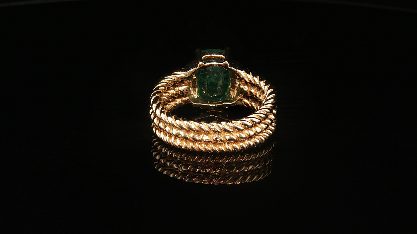 18K Yellow Gold Emerald Cocktail Ring with Cable Band