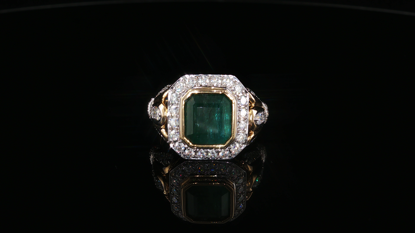 Yellow Gold Emerald Cocktail Ring with Moissanite Halo