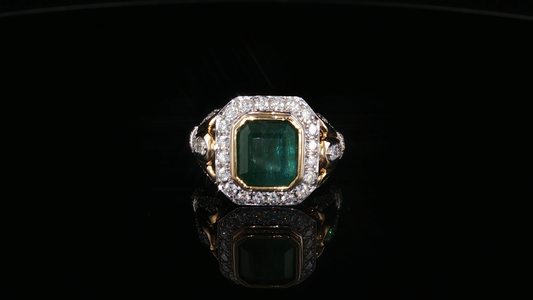 Yellow Gold Emerald Cocktail Ring with Moissanite Halo