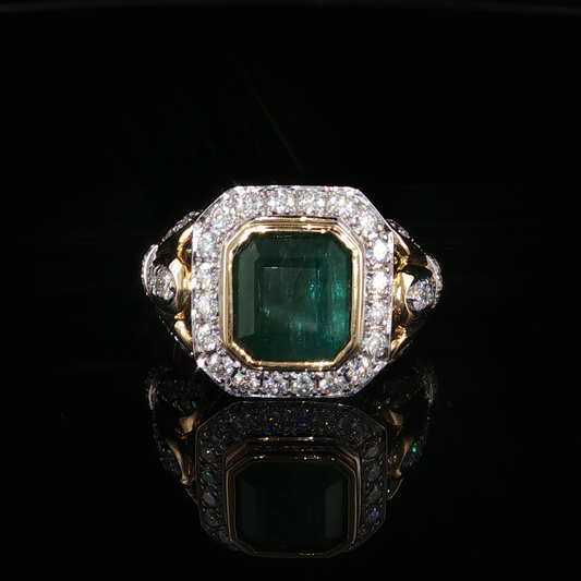 Yellow Gold Emerald Cocktail Ring with Moissanite Halo