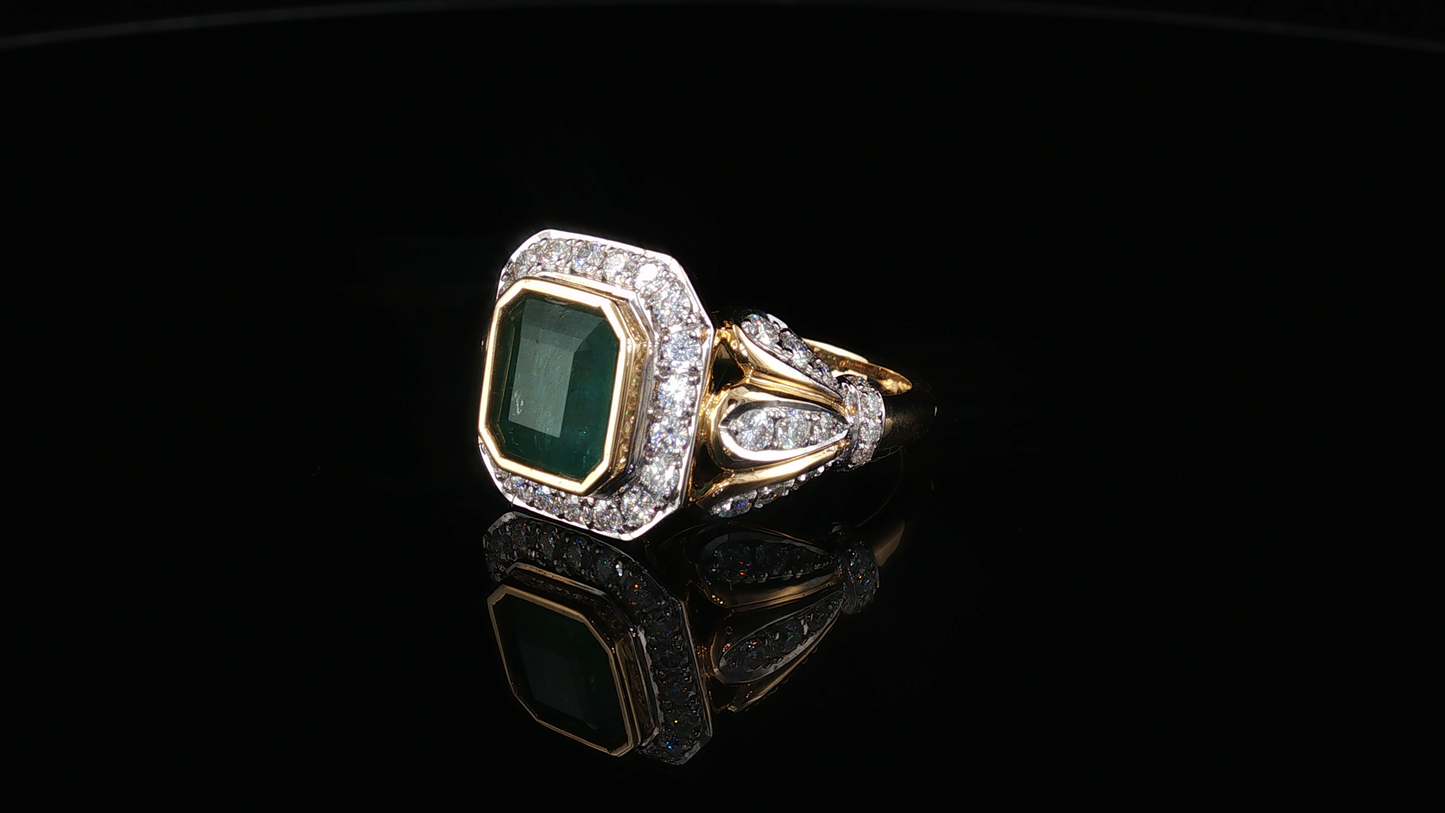 Yellow Gold Emerald Cocktail Ring with Moissanite Halo