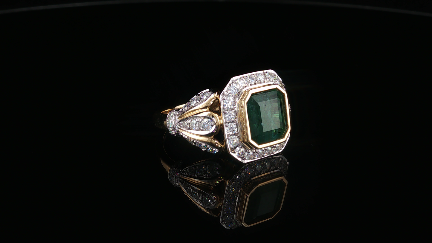 Yellow Gold Emerald Cocktail Ring with Moissanite Halo