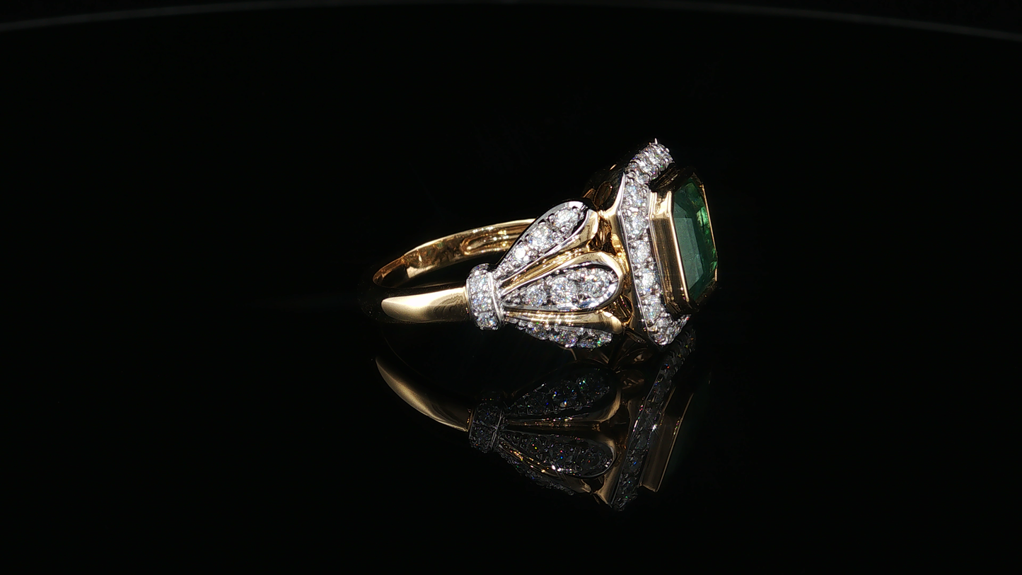 Yellow Gold Emerald Cocktail Ring with Moissanite Halo