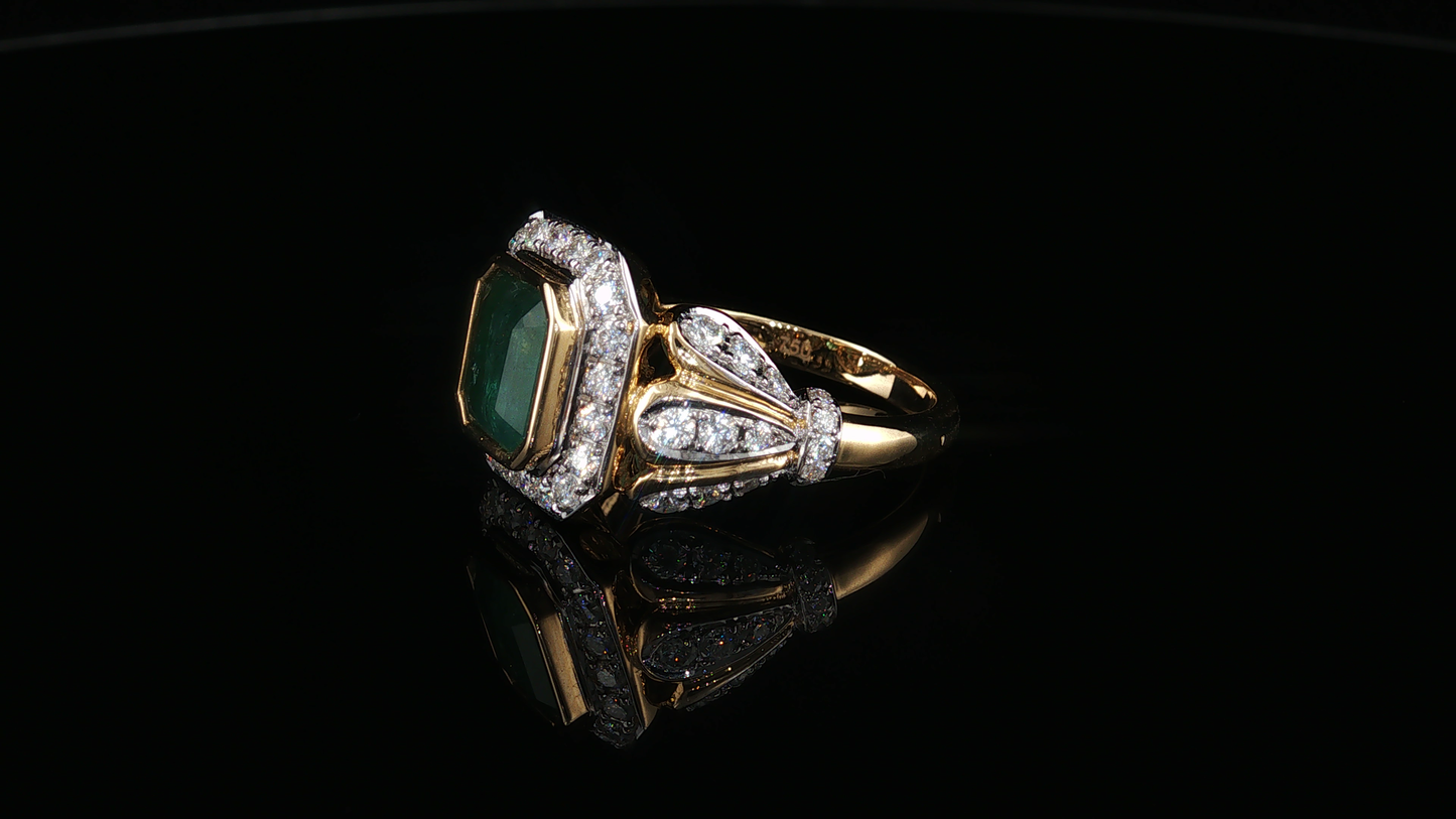 Yellow Gold Emerald Cocktail Ring with Moissanite Halo