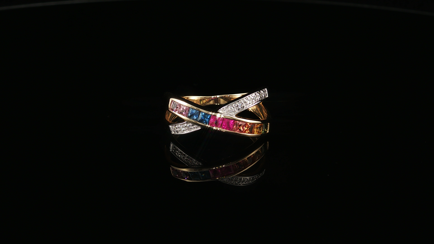 Yellow Gold Multi-Color Sapphire Criss-Cross Ring
