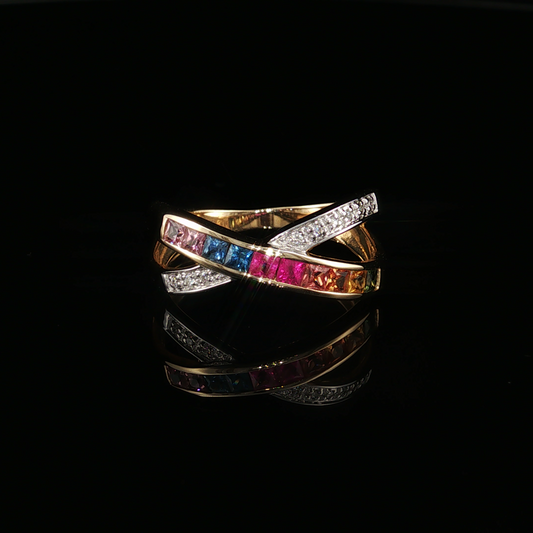 Yellow Gold Multi-Color Sapphire Criss-Cross Ring