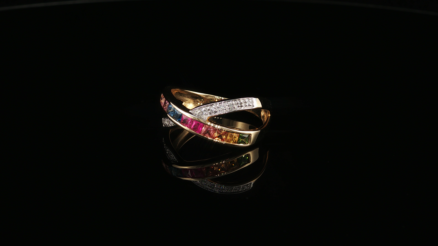 Yellow Gold Multi-Color Sapphire Criss-Cross Ring