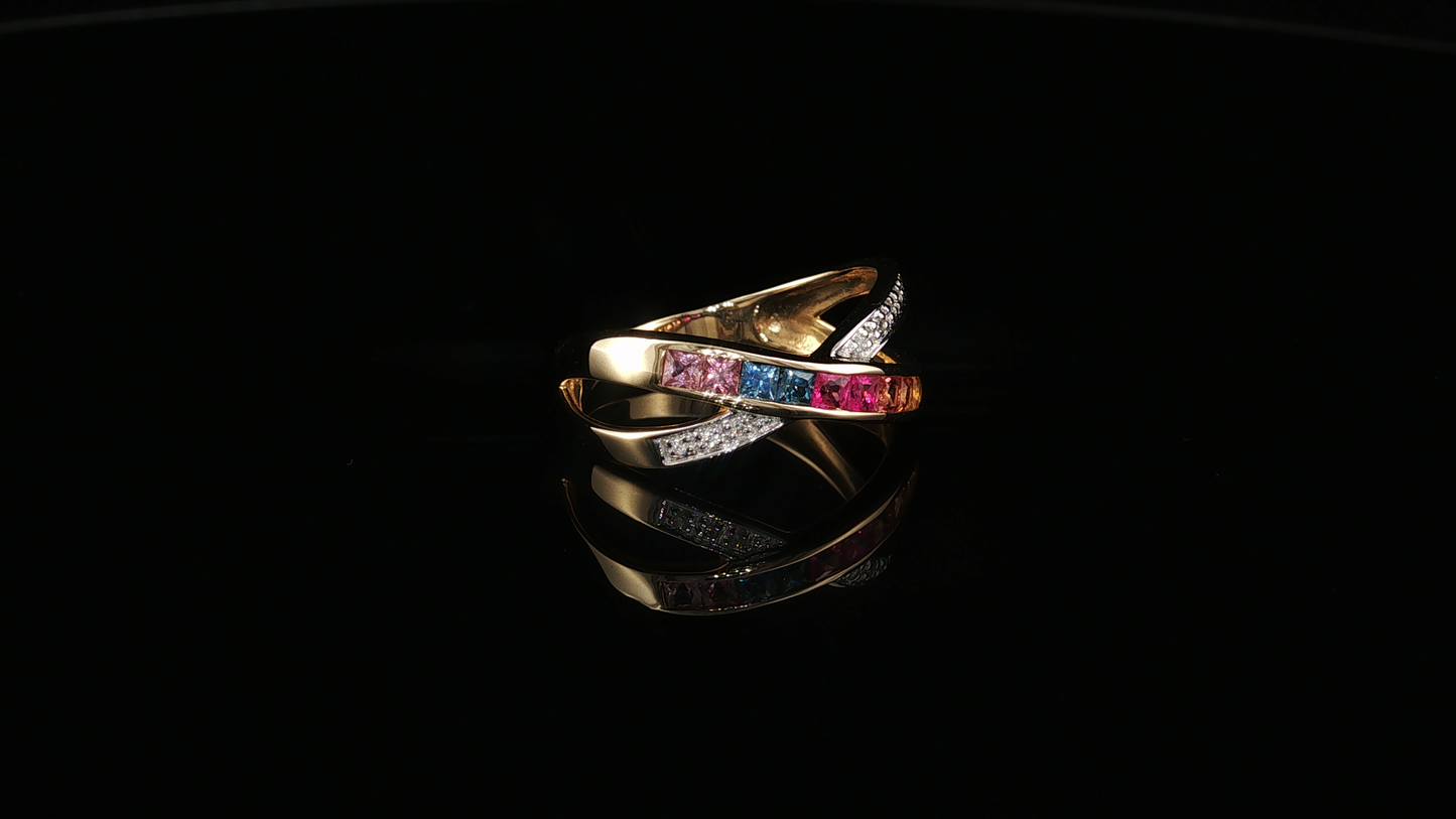 Yellow Gold Multi-Color Sapphire Criss-Cross Ring
