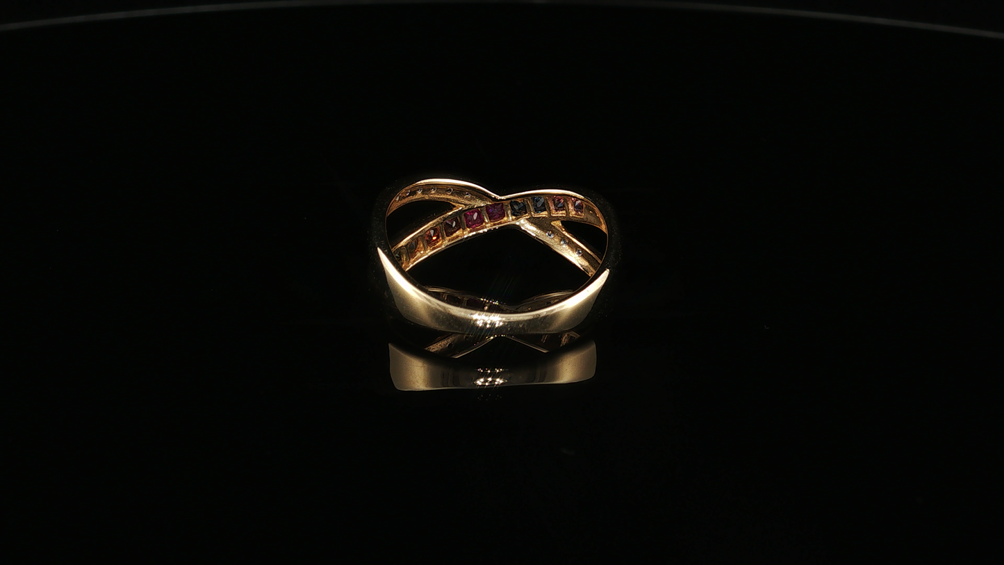 Yellow Gold Multi-Color Sapphire Criss-Cross Ring