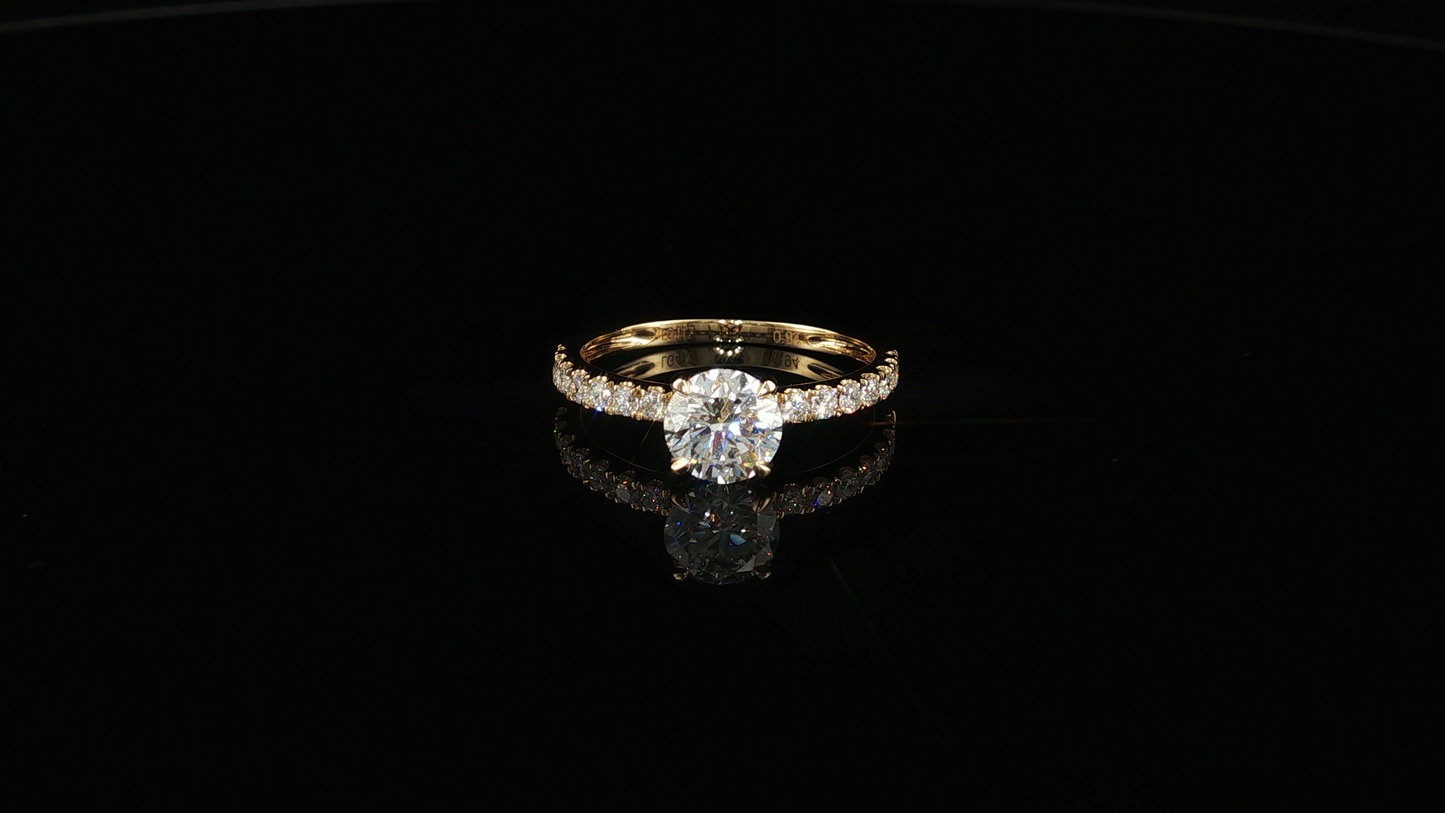 Yellow Gold Round Diamond Ring with Pavé Accents