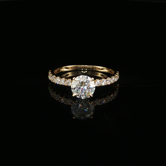 Yellow Gold Round Diamond Ring with Pavé Accents