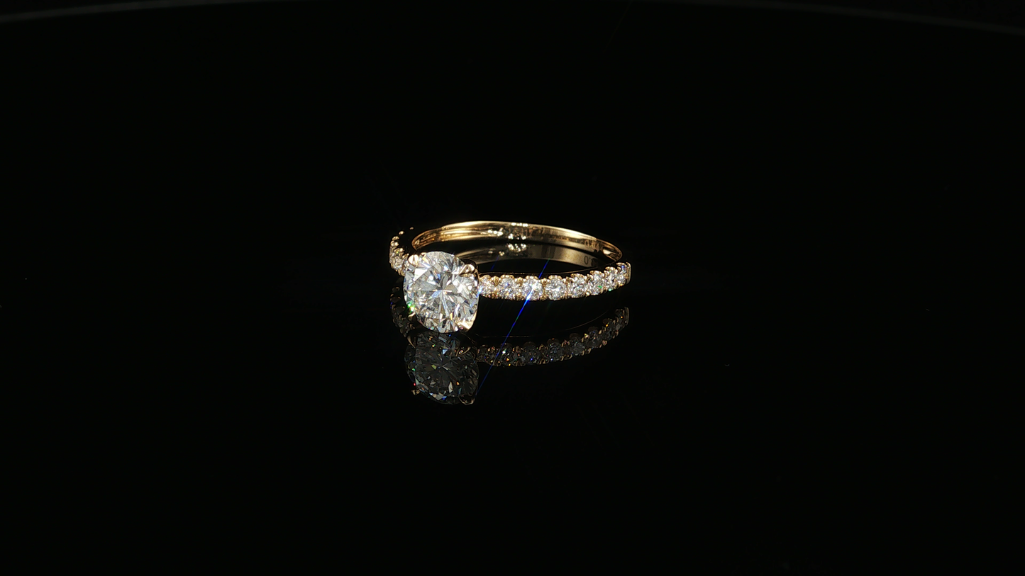 Yellow Gold Round Diamond Ring with Pavé Accents