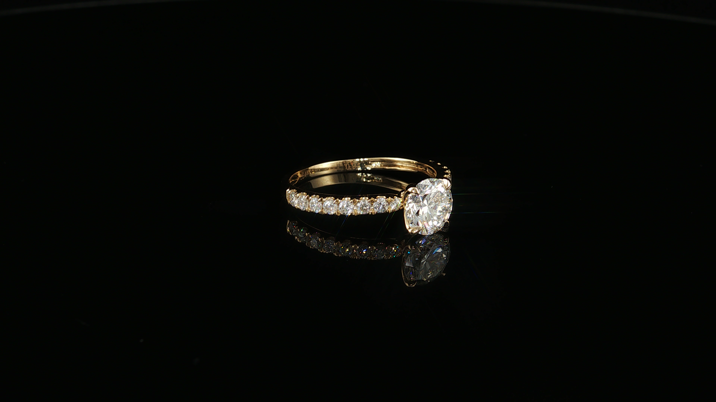 Yellow Gold Round Diamond Ring with Pavé Accents