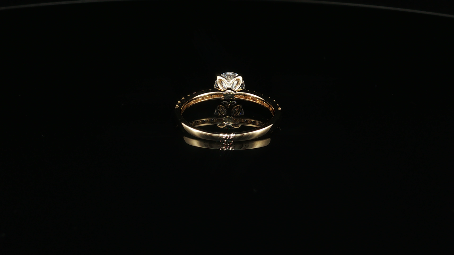 Yellow Gold Round Diamond Ring with Pavé Accents