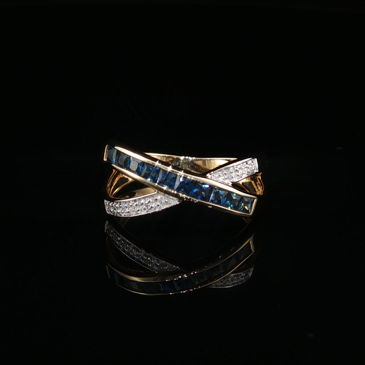 Deep Blue Sapphire Crossover Cocktail Ring in Yellow Gold