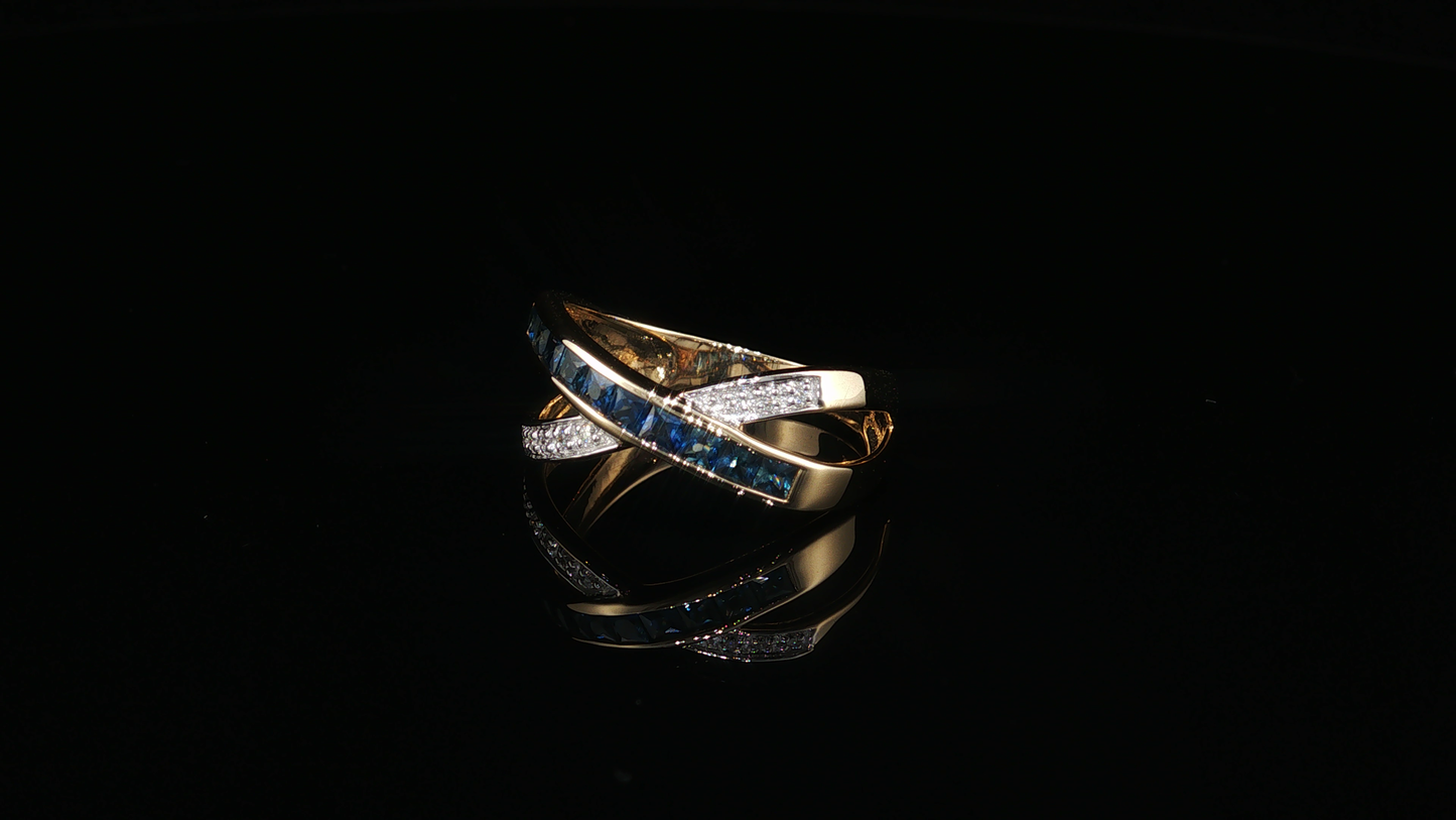Deep Blue Sapphire Crossover Cocktail Ring in Yellow Gold