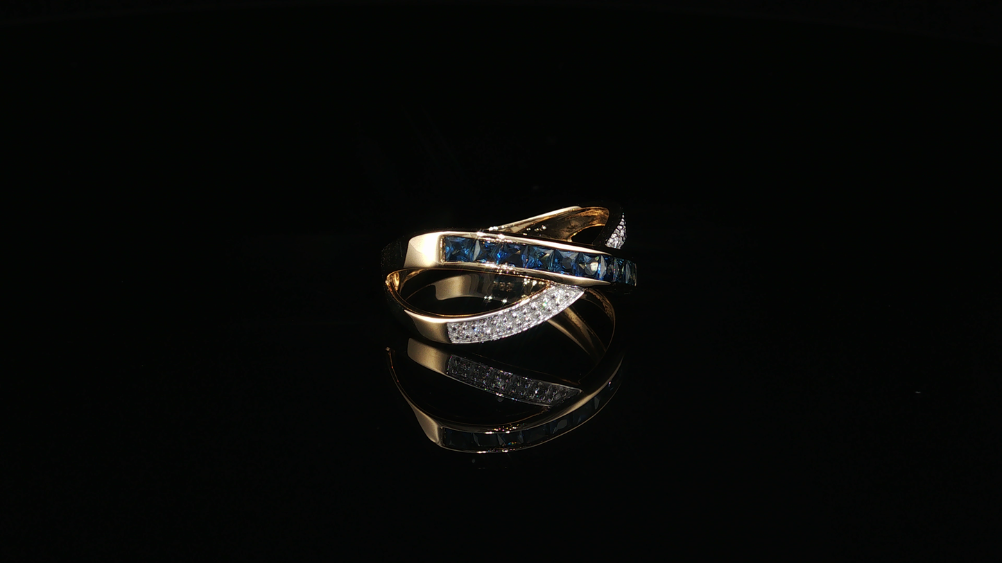 Deep Blue Sapphire Crossover Cocktail Ring in Yellow Gold