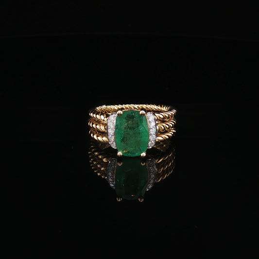 18K Yellow Gold Emerald Cocktail Ring with Cable Band