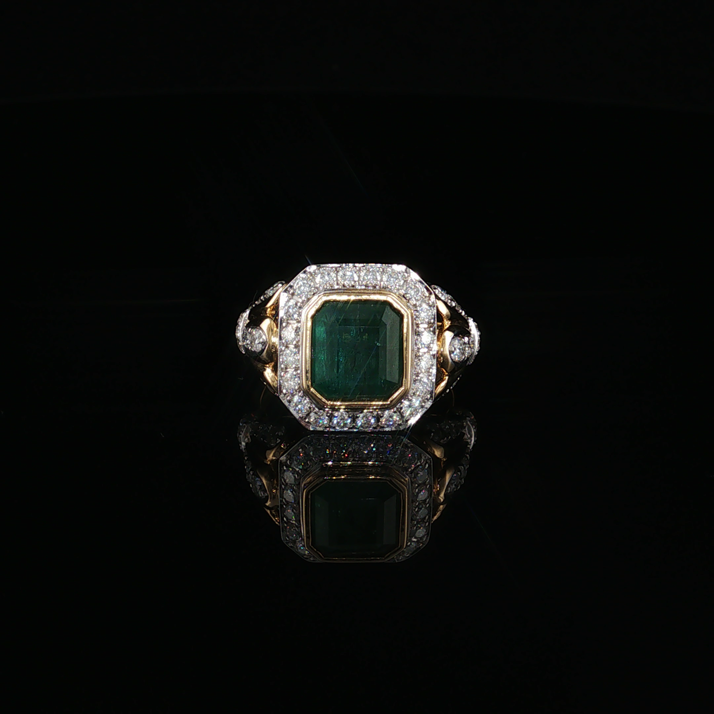 Yellow Gold Emerald Cocktail Ring with Moissanite Halo