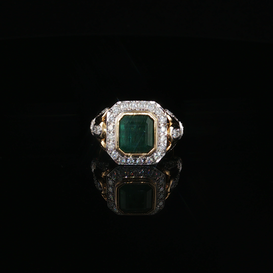 Yellow Gold Emerald Cocktail Ring with Moissanite Halo
