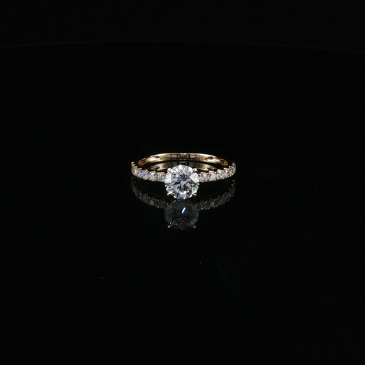 Yellow Gold Round Diamond Ring with Pavé Accents