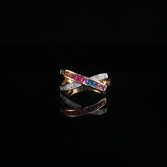 Yellow Gold Multi-Color Sapphire Criss-Cross Ring