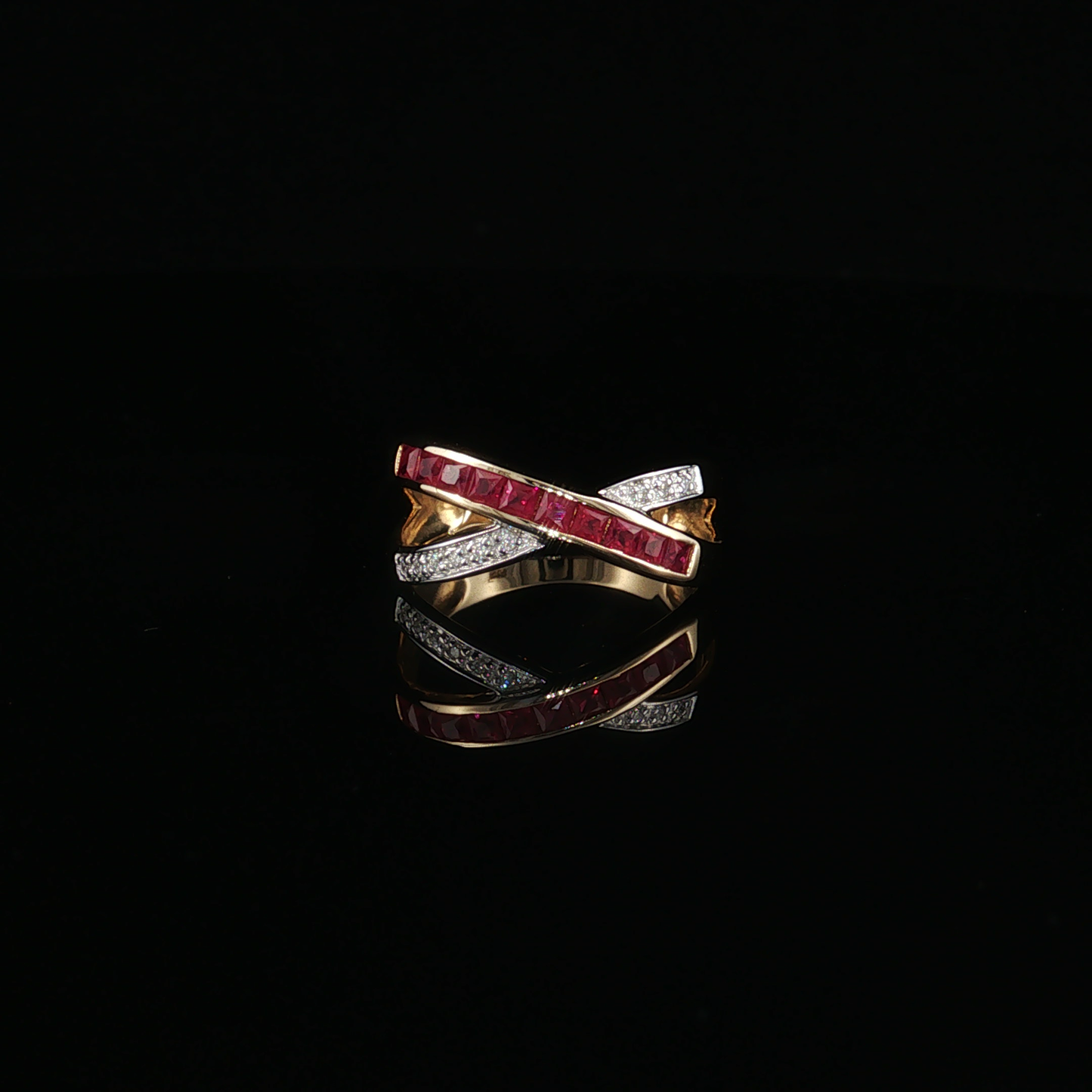 Yellow Gold Ruby and Diamonds Crossover Cocktail Ring