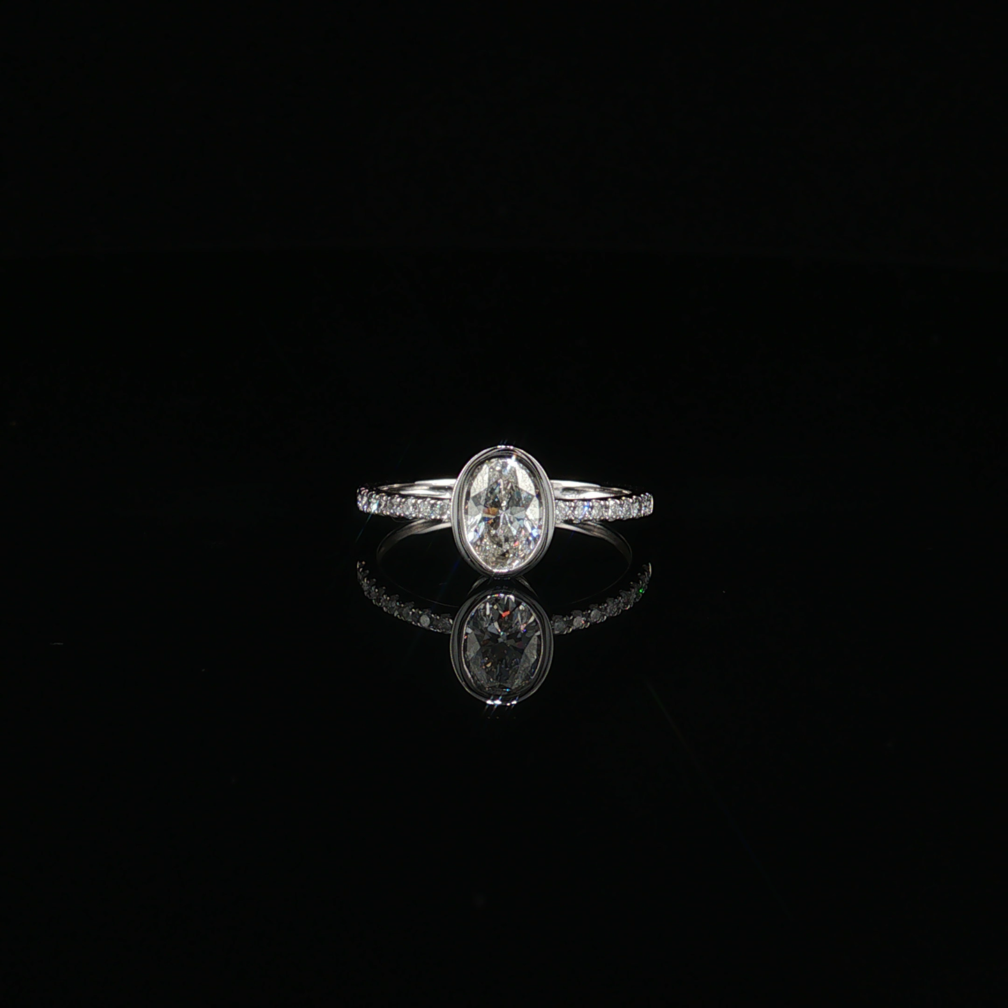 White Gold Oval Lab-Diamond Bezel Ring with Pavé Band