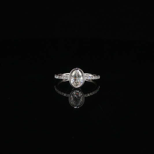 White Gold Oval Lab-Diamond Bezel Ring with Pavé Band