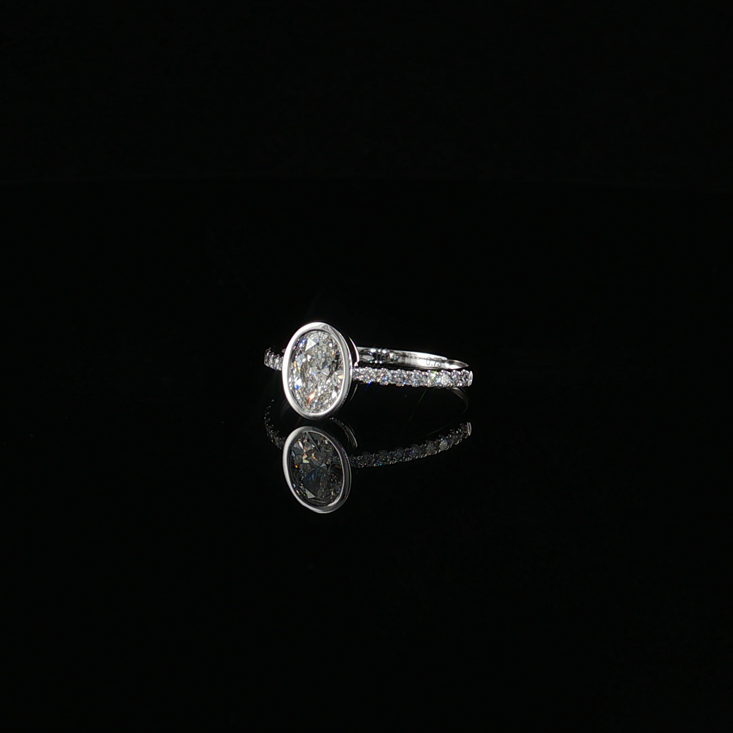 White Gold Oval Lab-Diamond Bezel Ring with Pavé Band