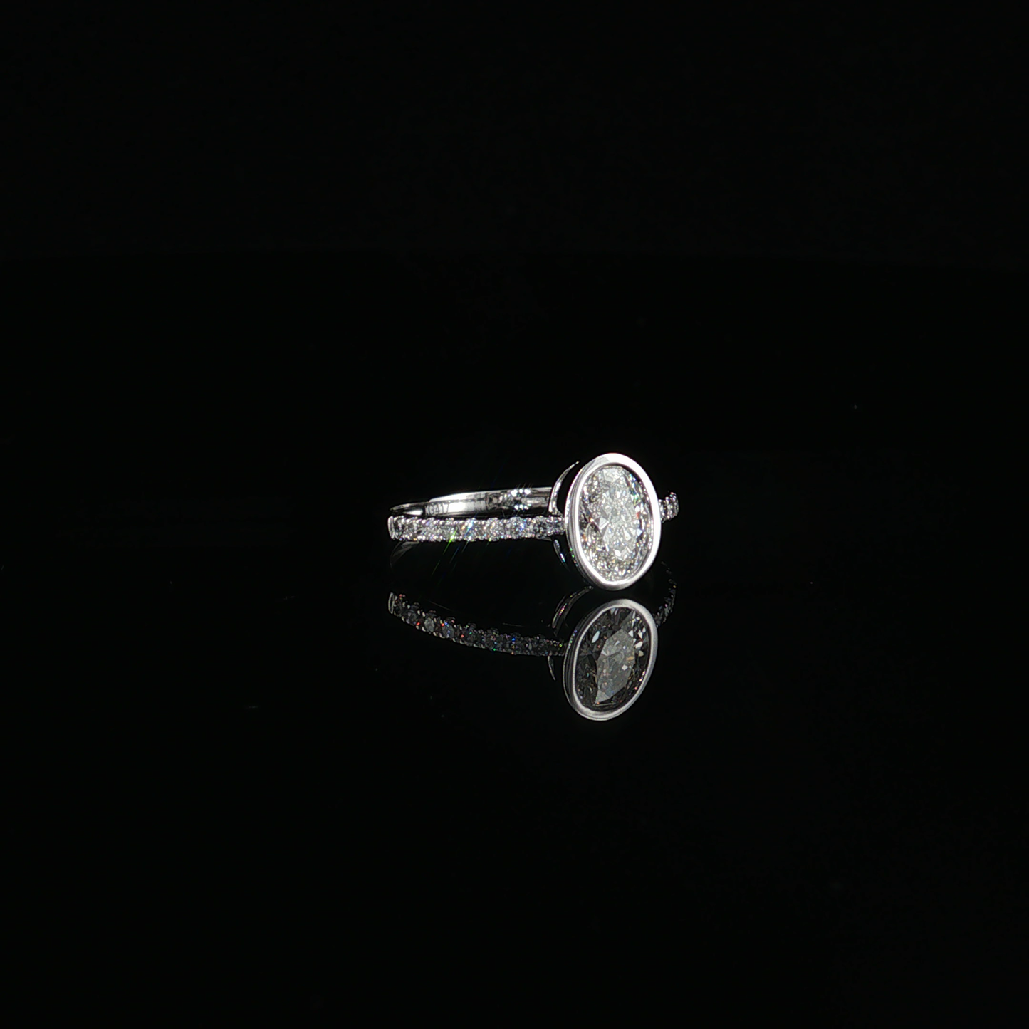 White Gold Oval Lab-Diamond Bezel Ring with Pavé Band
