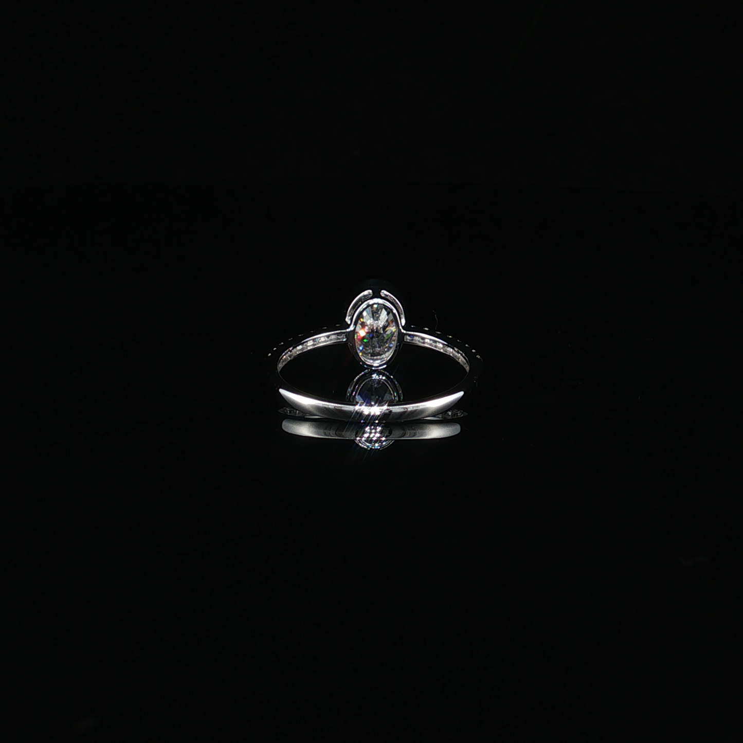 White Gold Oval Lab-Diamond Bezel Ring with Pavé Band