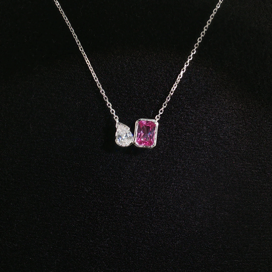 Two-Stone Fuchsia Pink tourmaline premium Sterling Silver Chain Necklace