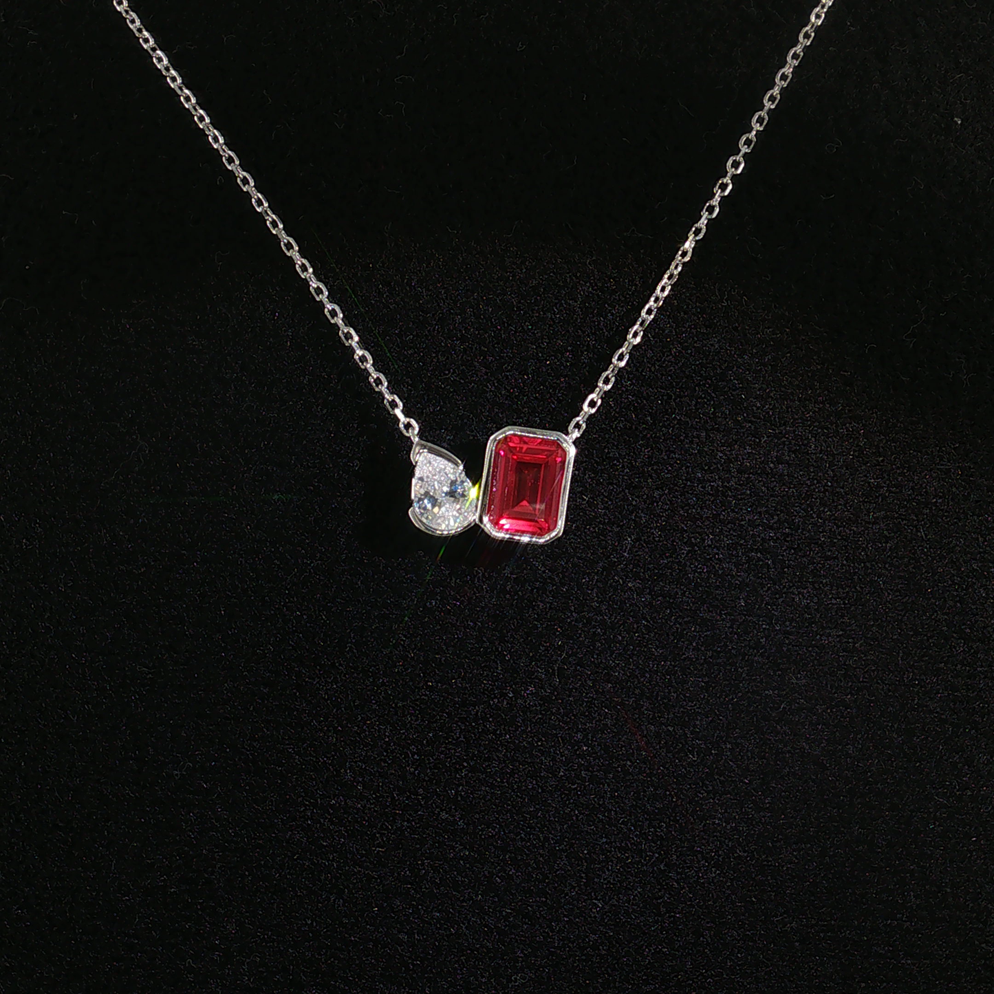 Asymmetrical Pigeon Blood Ruby Two-Stone Necklace in Sterling Silver 925