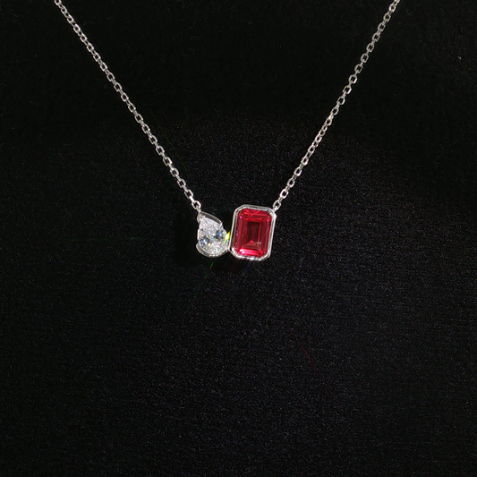 Asymmetrical Pigeon Blood Ruby Two-Stone Necklace in Sterling Silver 925