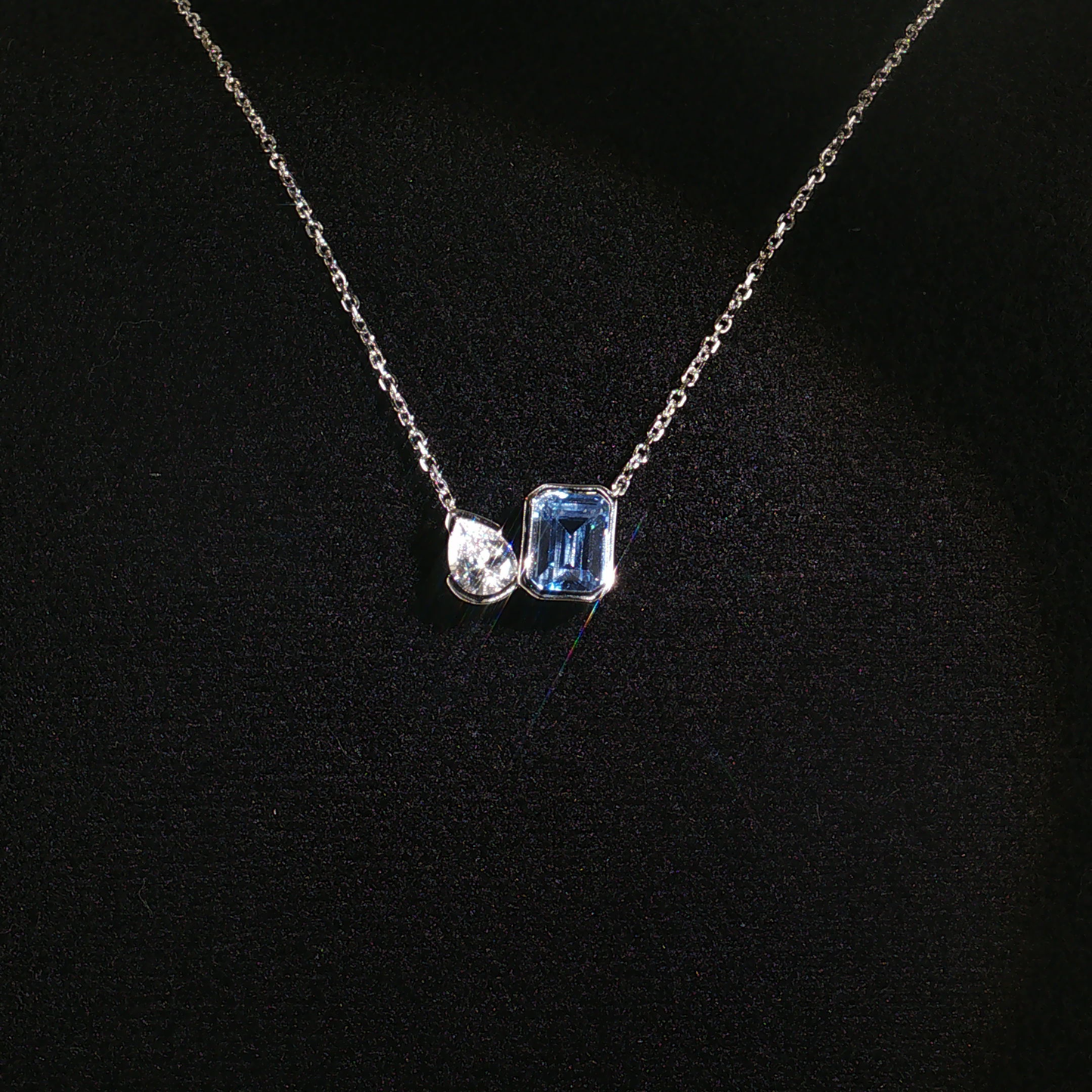 Asymmetrical precious engineered Aquamarine Bezel Necklace in Sterling silver