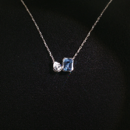 Asymmetrical precious engineered Aquamarine Bezel Necklace in Sterling silver