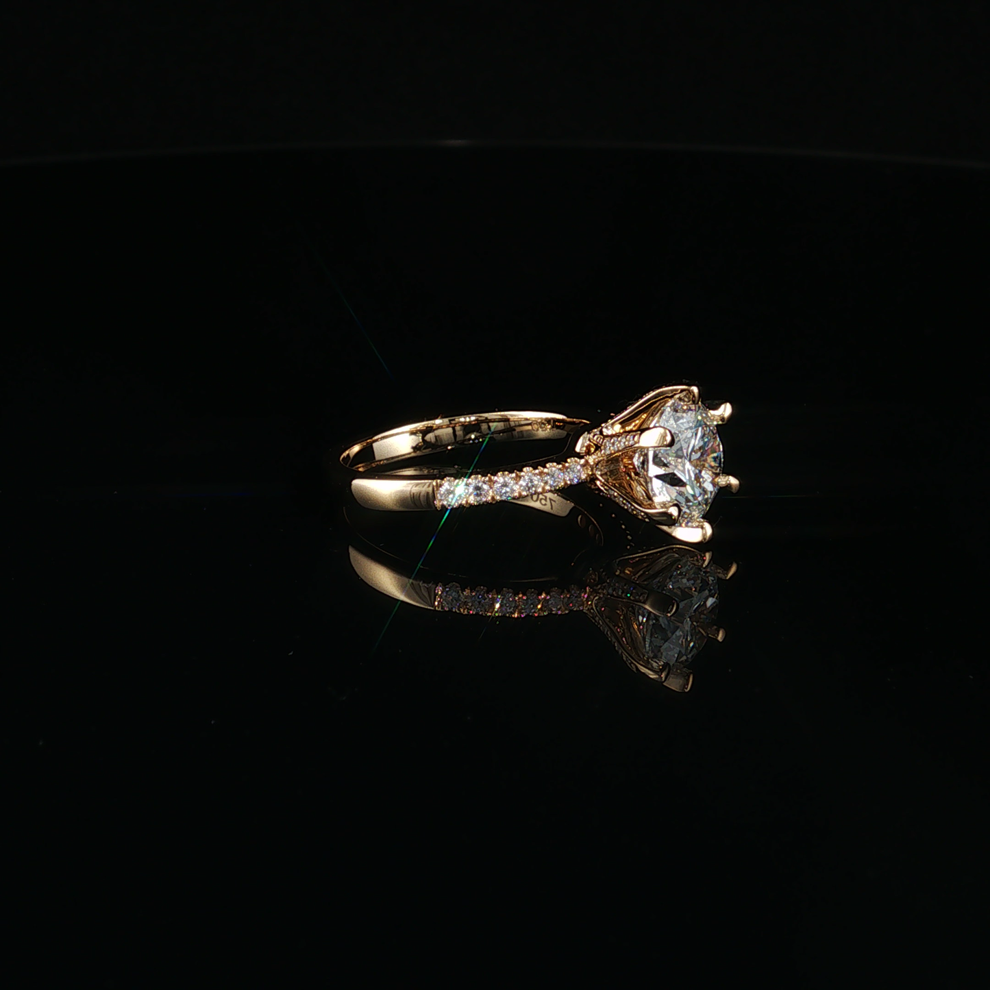 Round Lab Diamond Solitaire Ring with Pavé Band in Yellow Gold