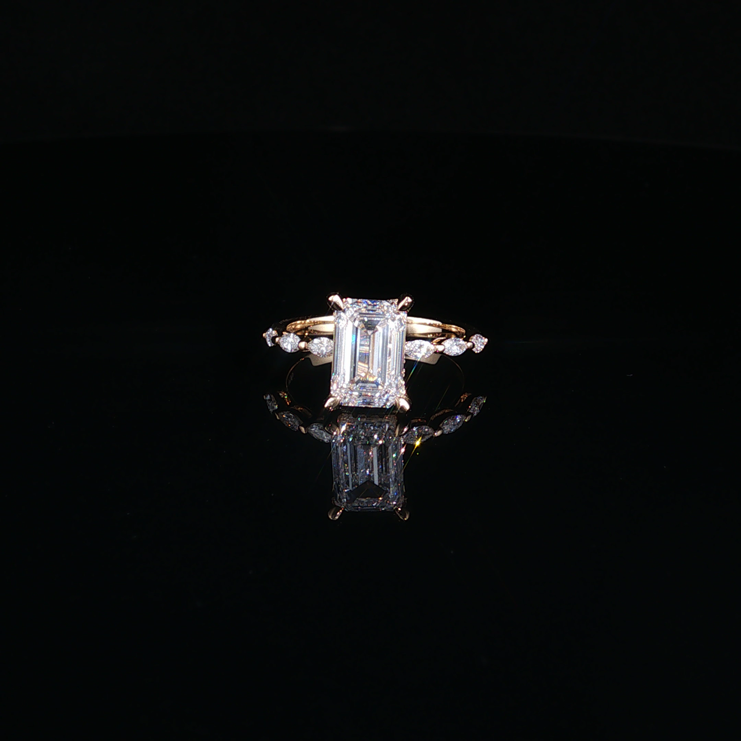 Emerald Cut Lab-Diamond Ring with Accented Yellow Gold Band