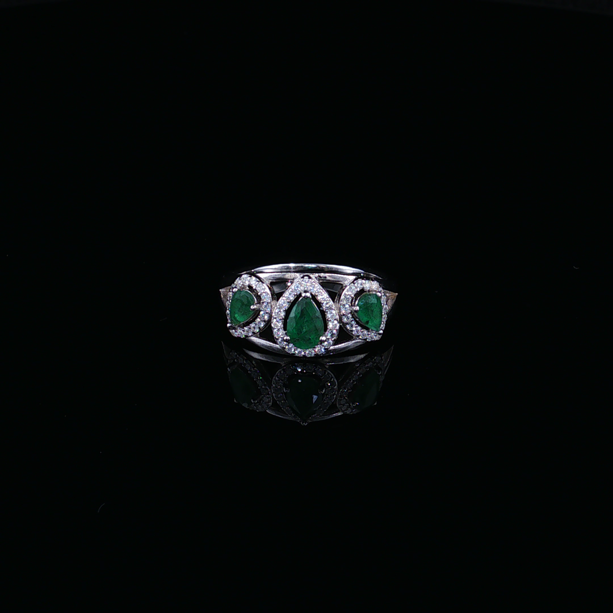 Three-Stone Pear Emerald Ring in Sterling Silver 925