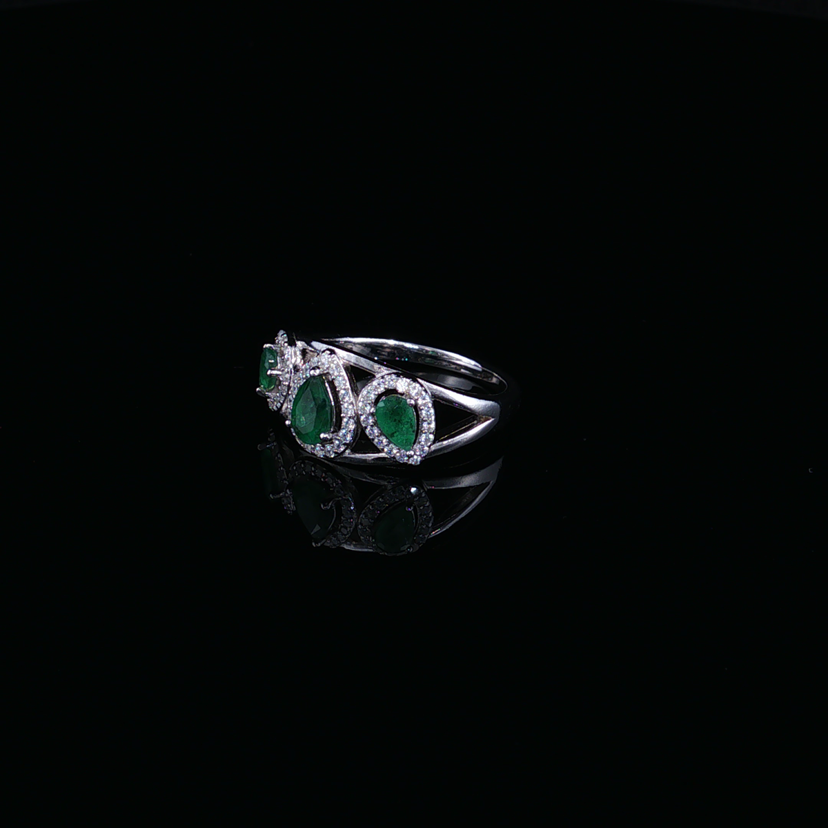 Three-Stone Pear Emerald Ring in Sterling Silver 925