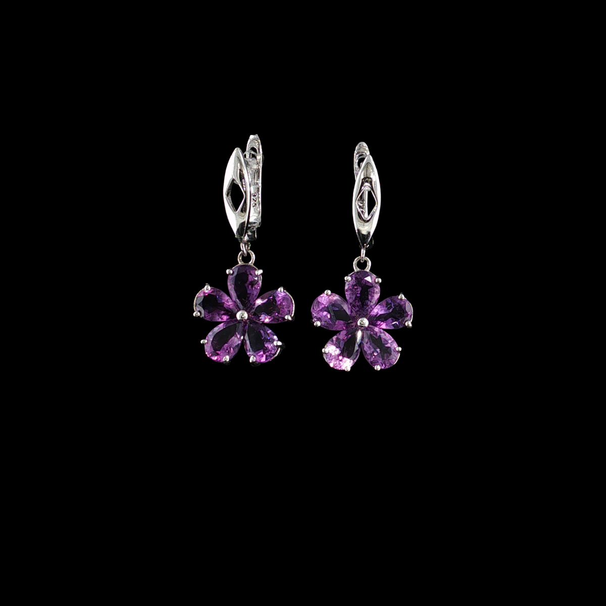 Sterling Silver 925 Amethyst Floral Drop Earrings