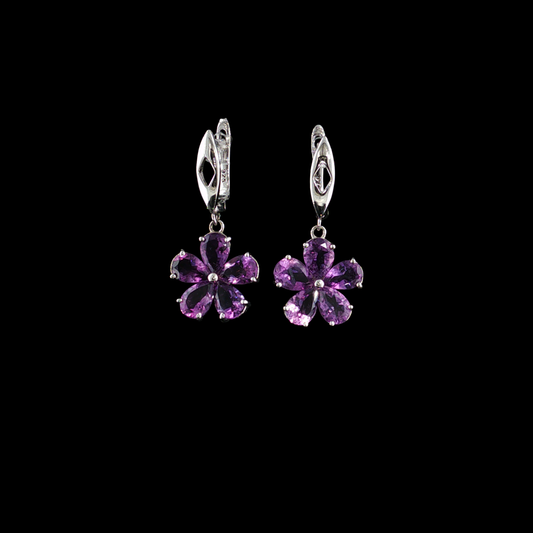 Sterling Silver 925 Amethyst Floral Drop Earrings