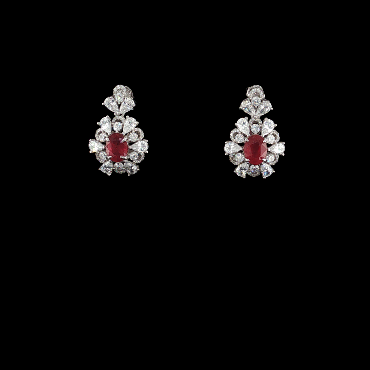 Pigeon Blood Red Ruby with Cubic Zirconia Drop Earrings in Sterling Silver 925