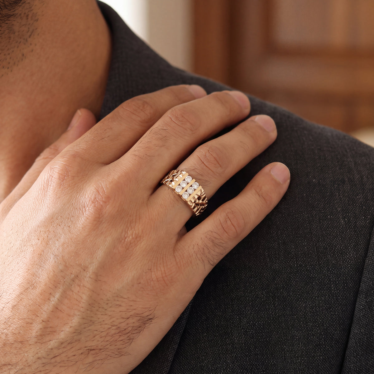14k Yellow Gold Textured Multi-Stone Diamond Band Ring