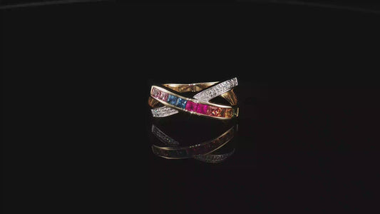 Yellow Gold Multi-Color Sapphire Criss-Cross Ring