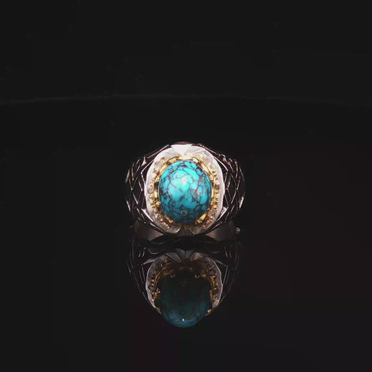 Neshabour Turquoise Cabochon premium Sterling Silver Signet Ring with Textured Band